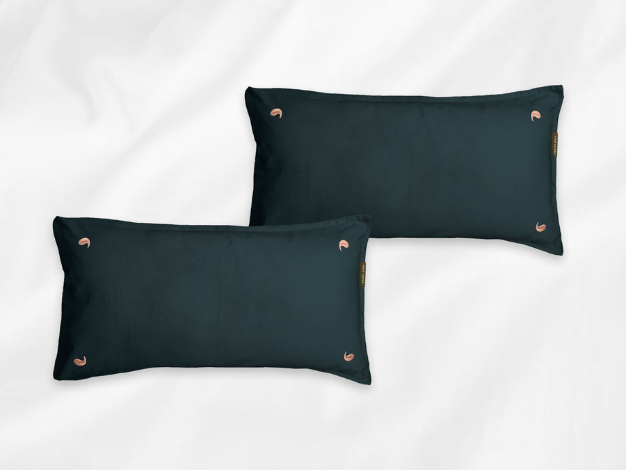 Namal Uyana percale pillowcases set (dark green with pink leaves) - Four Leaves