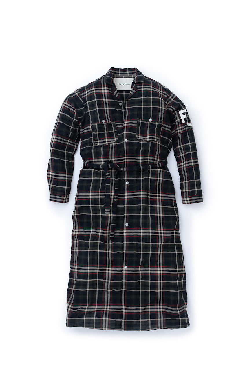 Long checked robe viscose shirt with belt - Four Leaves